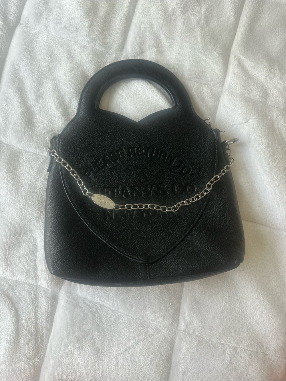 Tiffany & Co. Black Leather Heart-Handle Shoulder Bag with Silver Chain